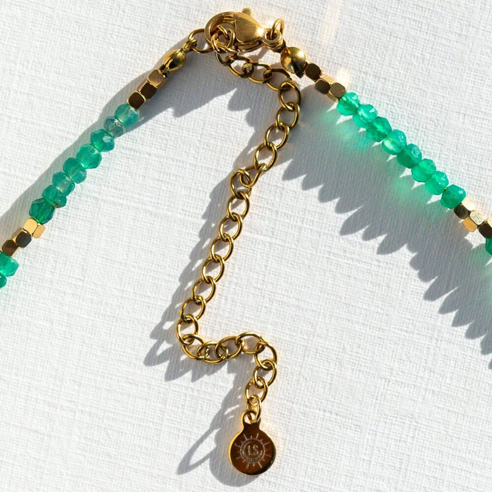 Green Onyx Necklace Dainty Beaded Necklace Waterproof Gold Necklace - Picture 7 of 9